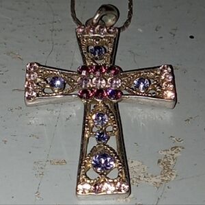 Elegant Silver Cross Pendant with Purple and Blue Accents With Chain